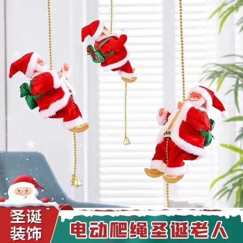 Enfeite de Papai Noel musical em pelúcia subindo por uma corda