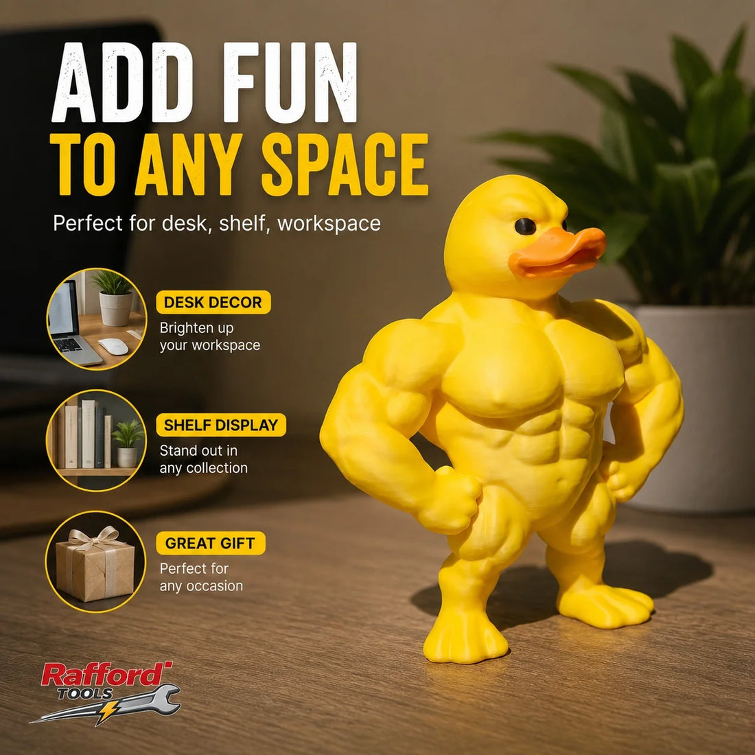 Estátua de pato amarelo musculoso de braços cruzados sobre uma prateleira