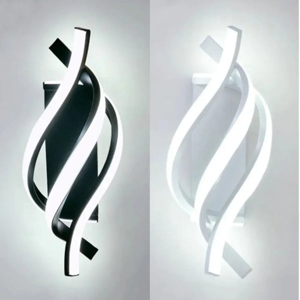 Arandela de LED em espiral acesa na parede atrás da cabeceira