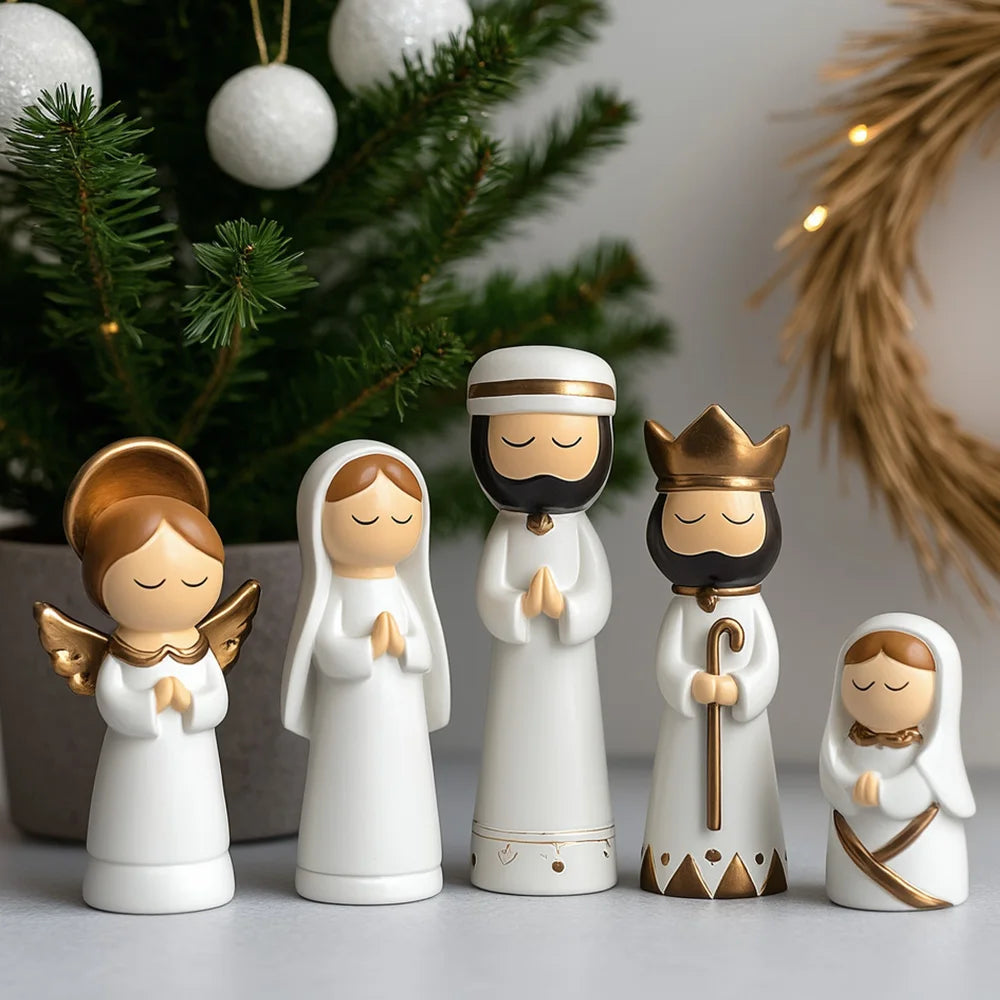 Presépio de Natal de resina com sete peças montado no aparador