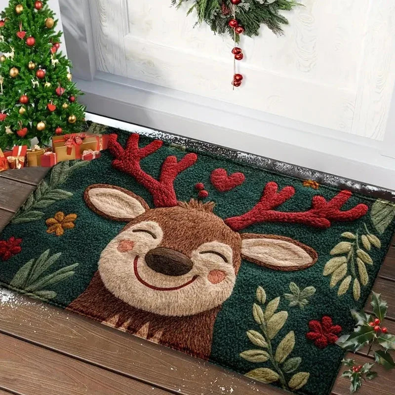 Tapete de Natal com estampa de rena na entrada de casa