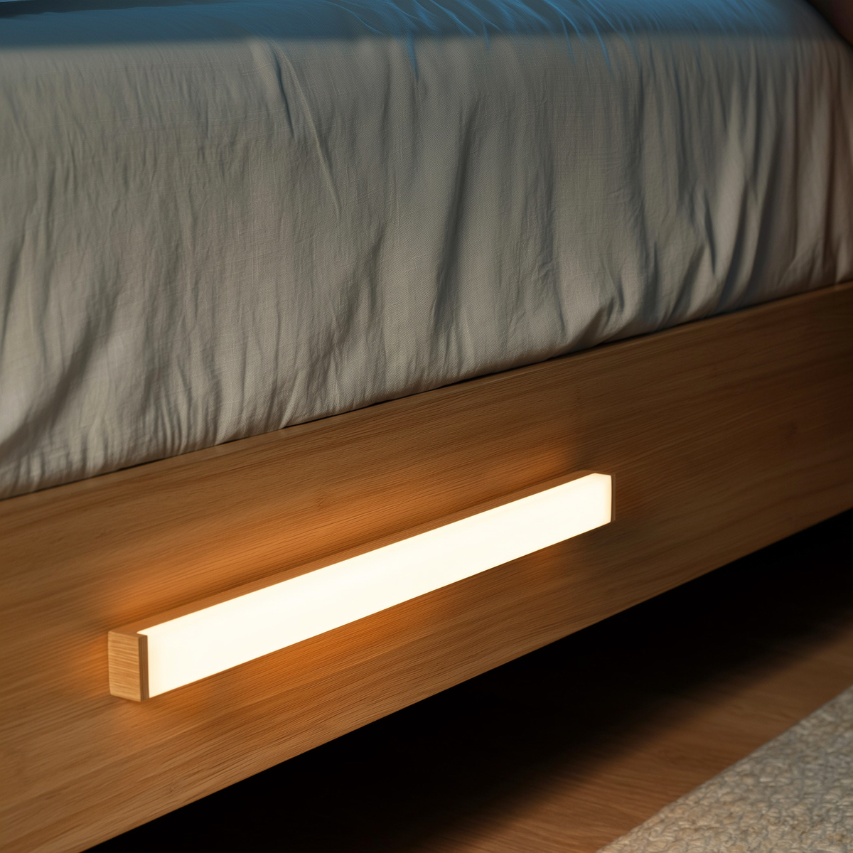 Arandela LED com moldura de madeira acesa junto à cama — foto de ambiente 3