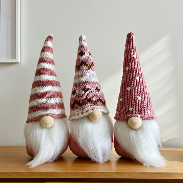Trio de gnomos de pelúcia rosa para pendurar na árvore de Natal — foto de ambiente 2