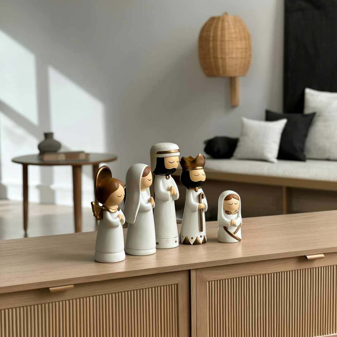 Presépio de Natal de resina branco e dourado com as peças sobre a mesa — foto de ambiente 2