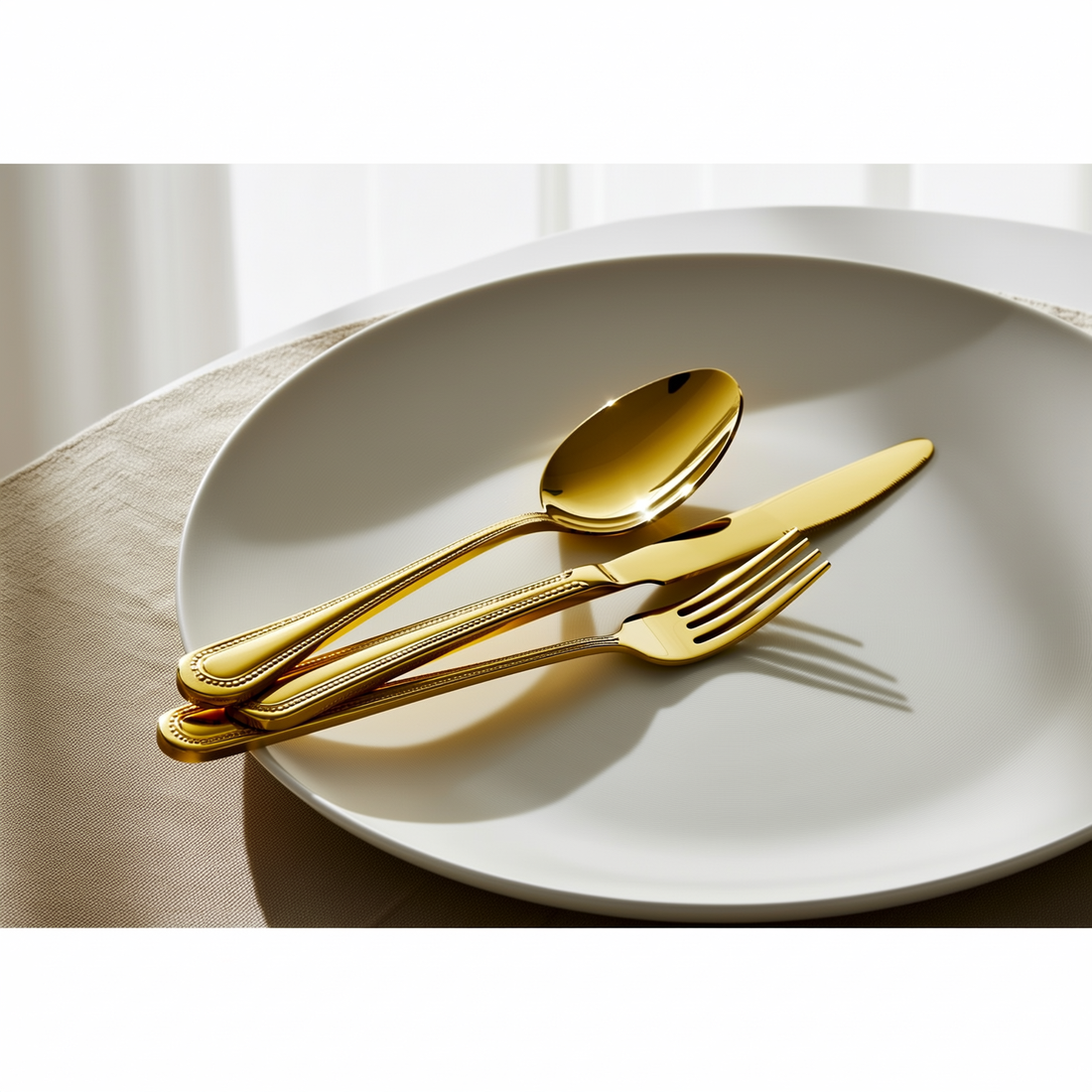 Jogo de talheres dourado em aço inox sobre prato branco na mesa posta — foto de ambiente 1