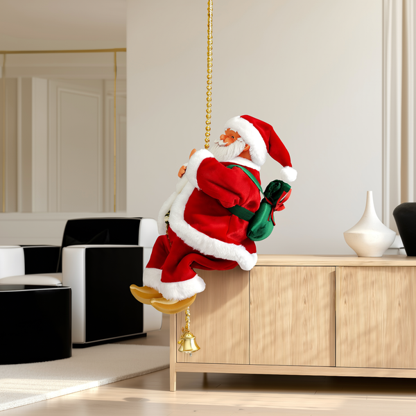 Papai Noel musical de pelúcia subindo a corda dourada com sino — foto de ambiente 3