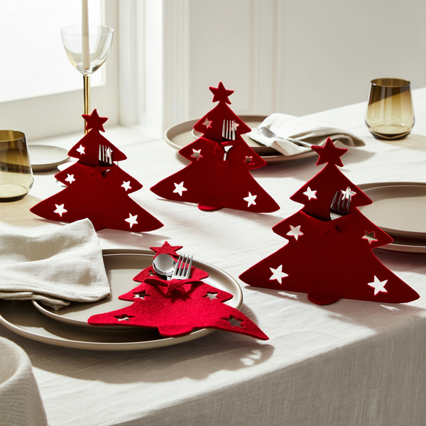 Porta talheres de Natal em formato de árvore vermelha nas 4 peças da mesa da ceia — foto de ambiente 2
