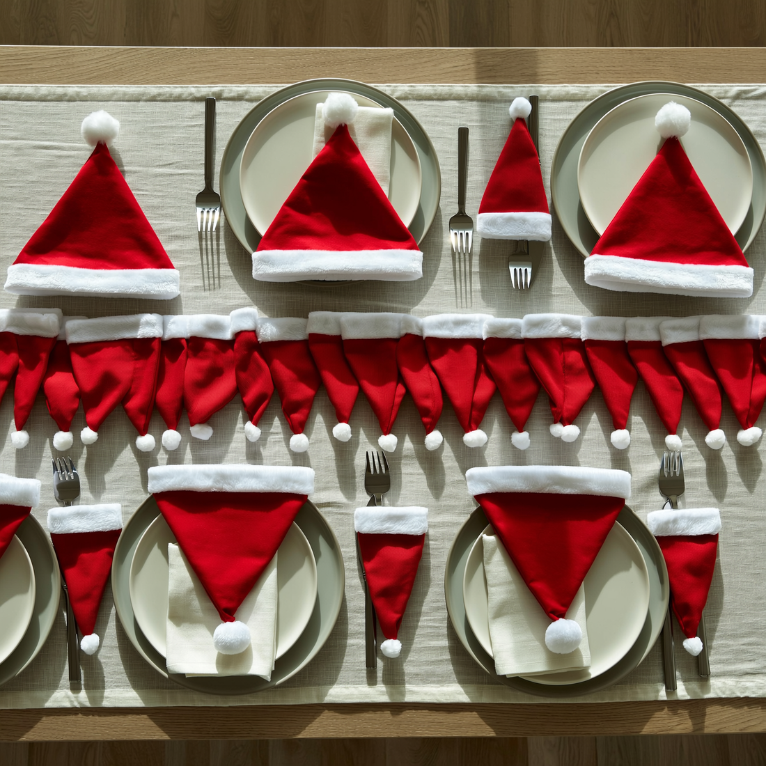 Porta talheres de Natal em formato de gorro segurando talheres no prato da ceia — foto de ambiente 2