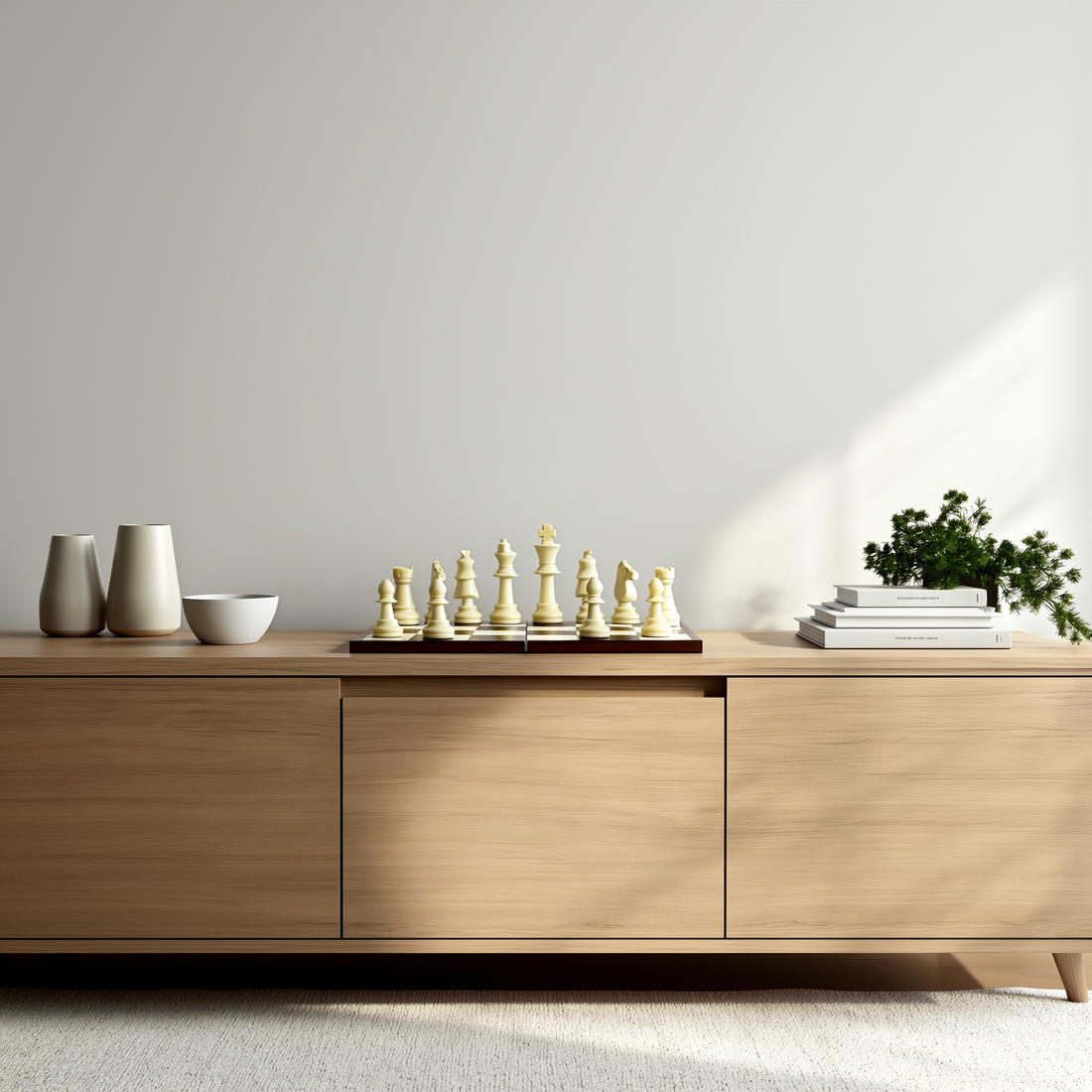 Conjunto de xadrez decorativo com peças creme sobre tabuleiro no aparador — foto de ambiente 1
