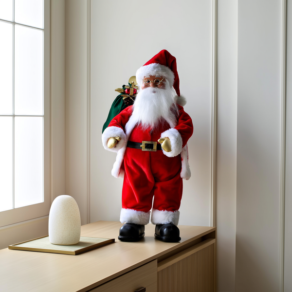 Papai Noel decorativo de pelúcia em pé sobre aparador junto à janela — foto de ambiente 2