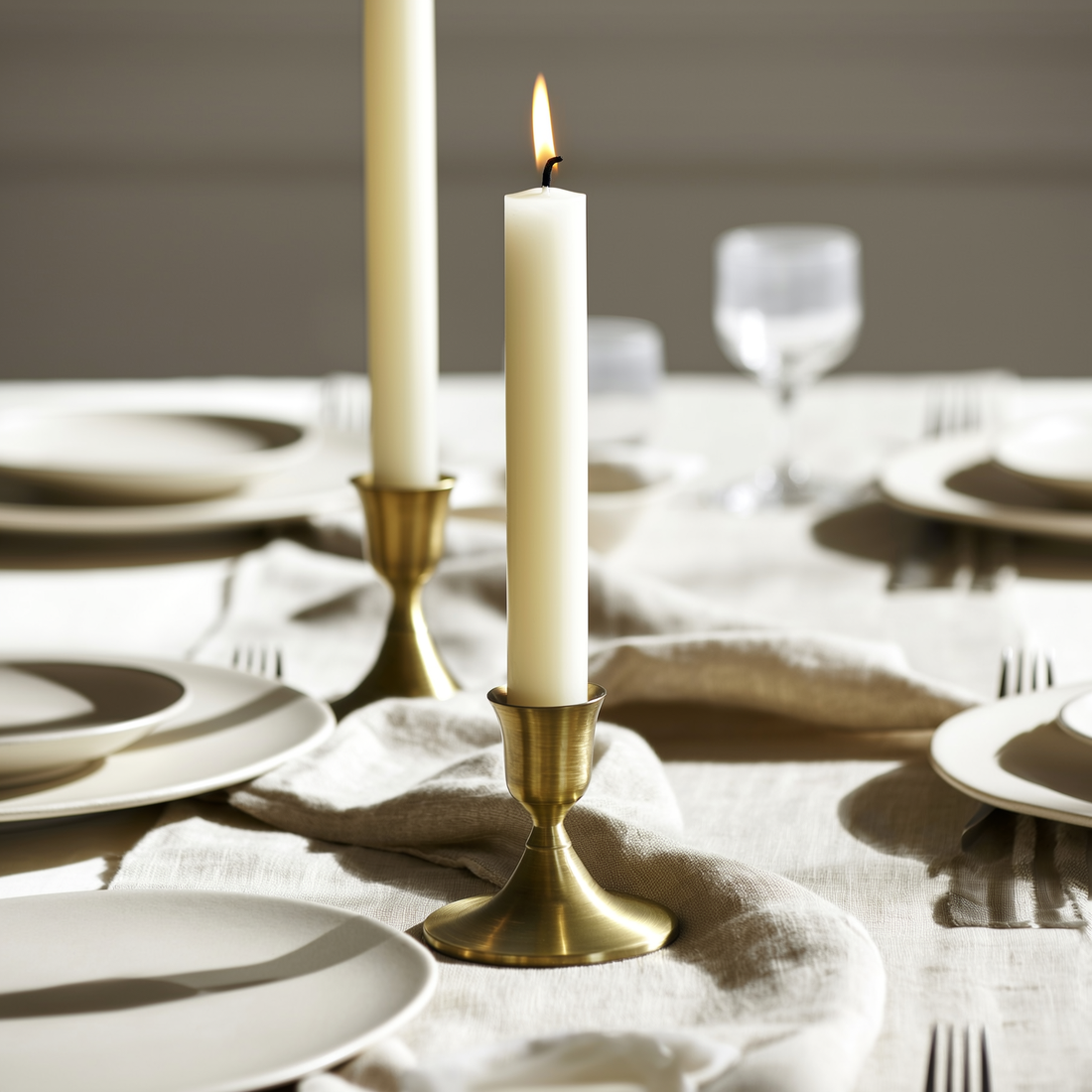Trio de castiçais de metal dourado com velas acesas na mesa de jantar posta — foto de ambiente 3