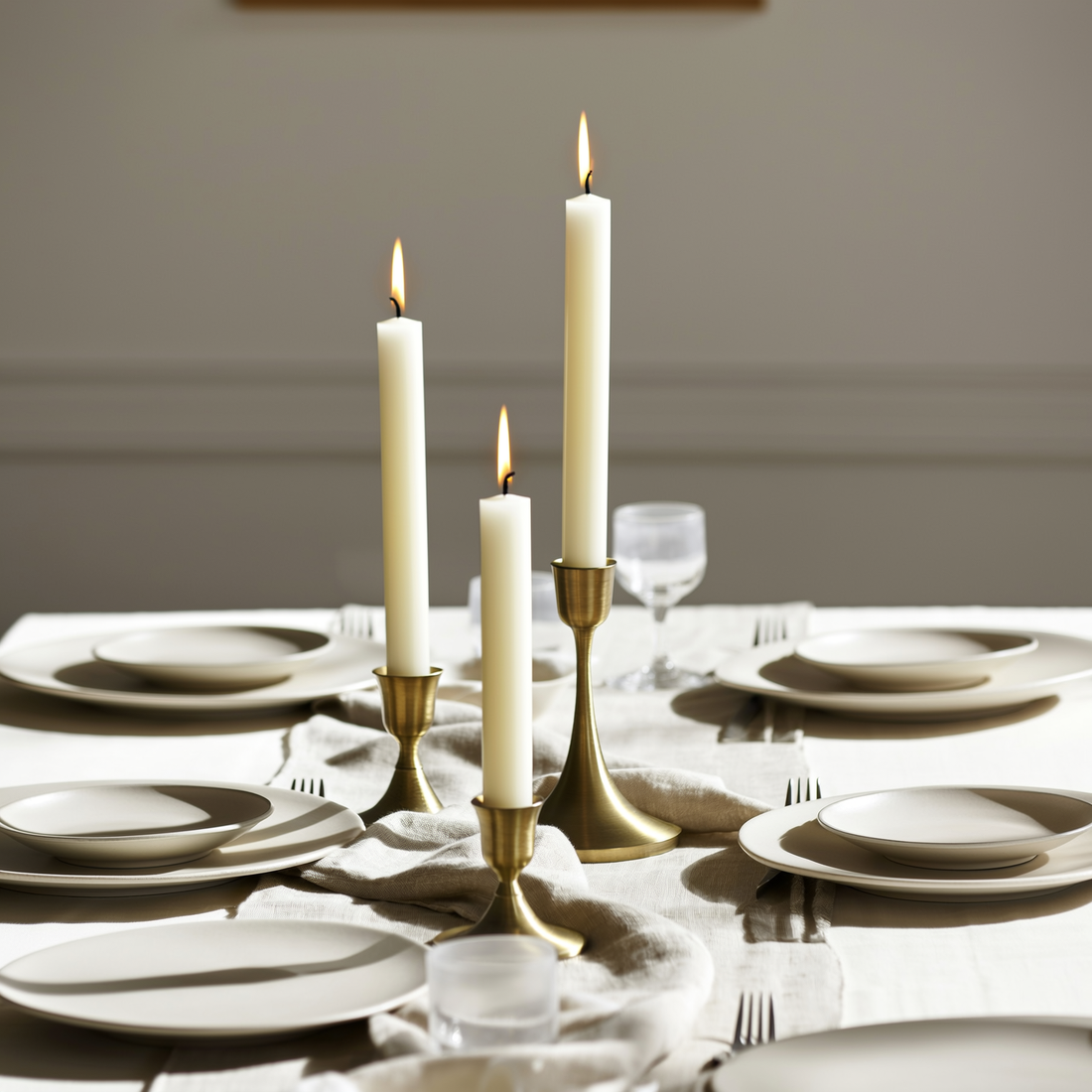 Trio de castiçais de metal dourado com velas acesas na mesa de jantar posta — foto de ambiente 2