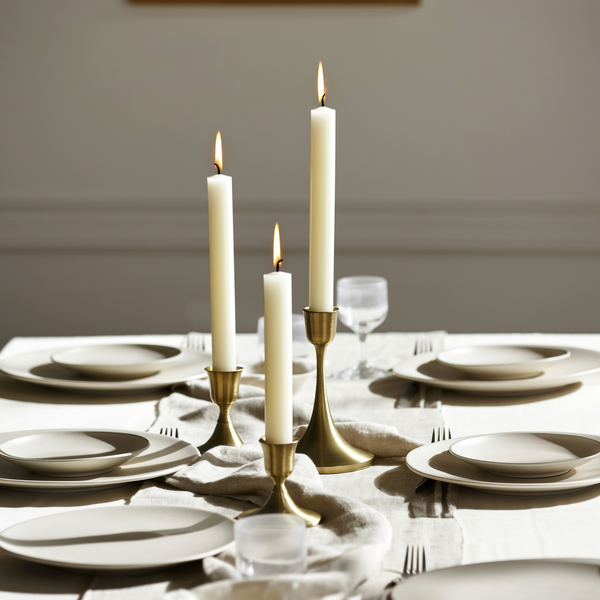 Trio de castiçais de metal dourado com velas acesas na mesa de jantar posta — foto de ambiente 2