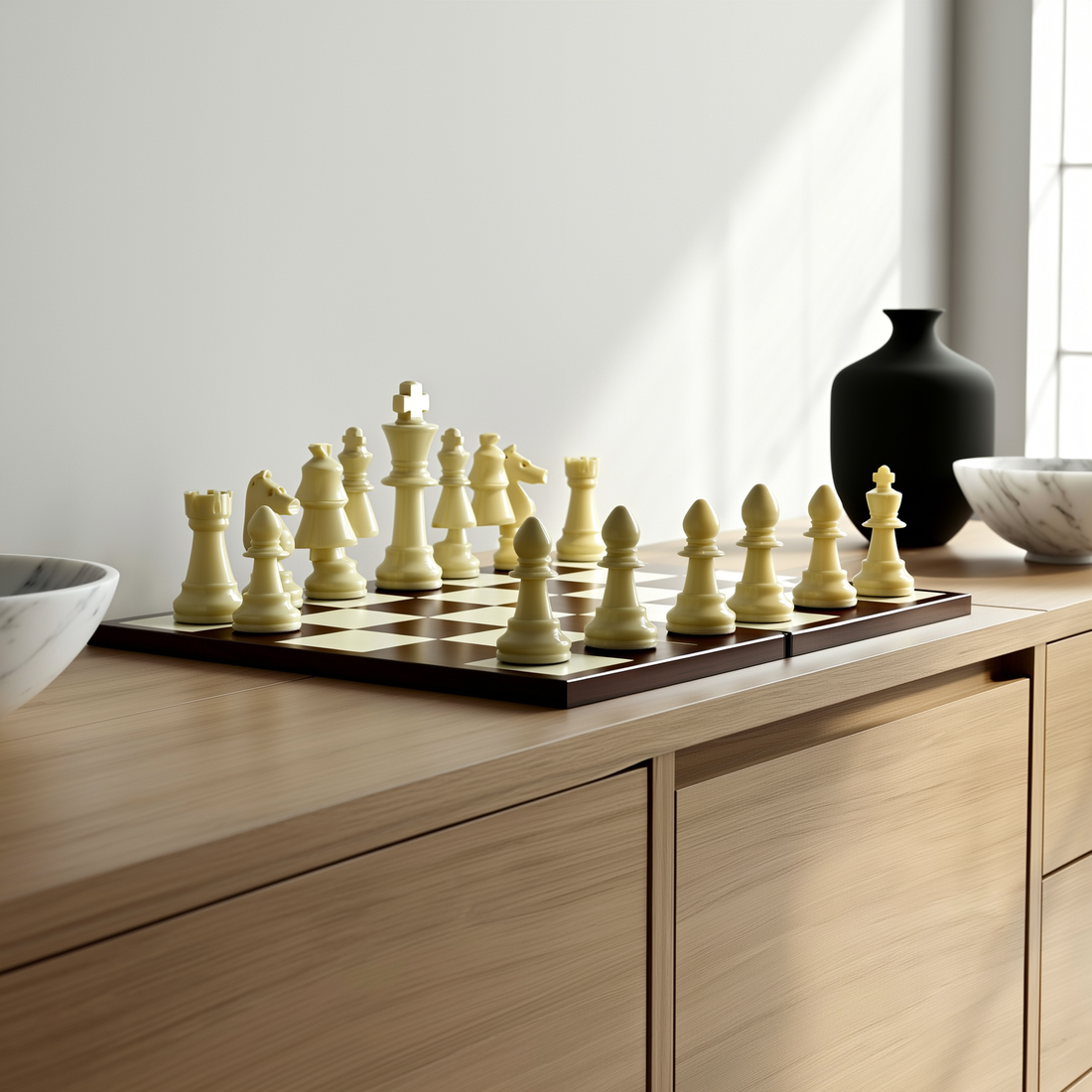 Conjunto de xadrez decorativo com peças creme sobre tabuleiro no aparador — foto de ambiente 2