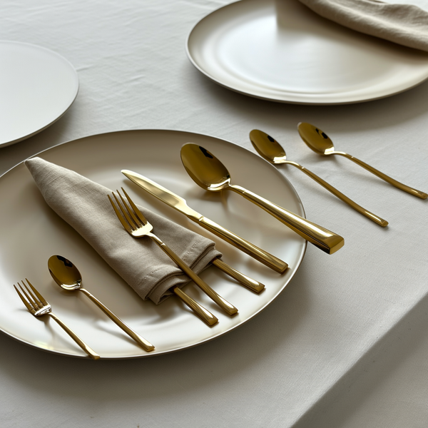 Kit de talheres dourado em mesa de jantar posta com guardanapo de linho — foto de ambiente 3