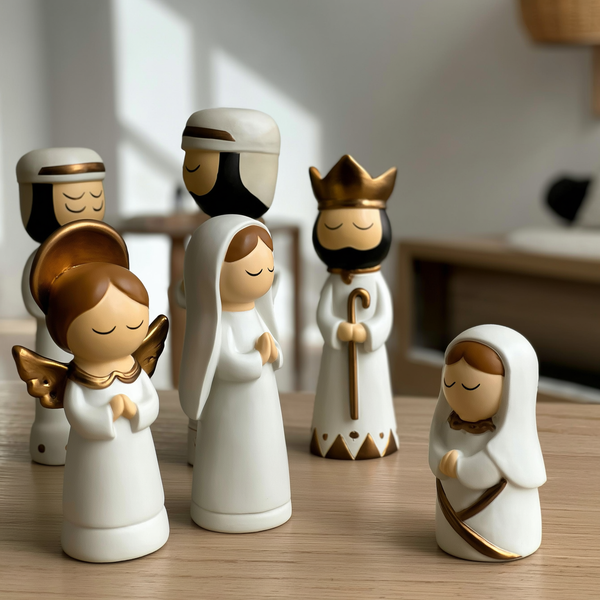 Presépio de Natal de resina branco e dourado com as peças sobre a mesa — foto de ambiente 3