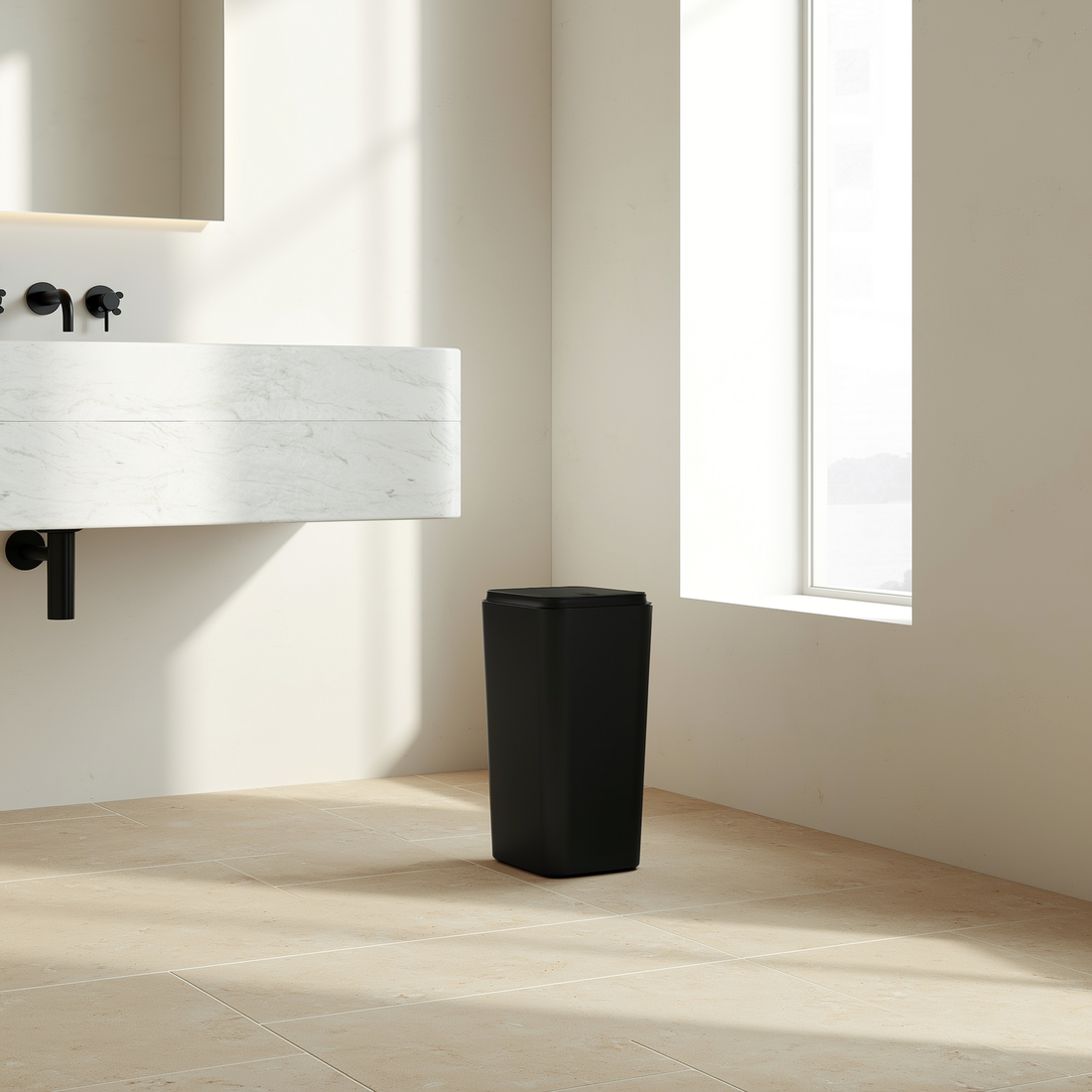 Lixeira slim preta com tampa em banheiro minimalista com mármore — foto de ambiente 1