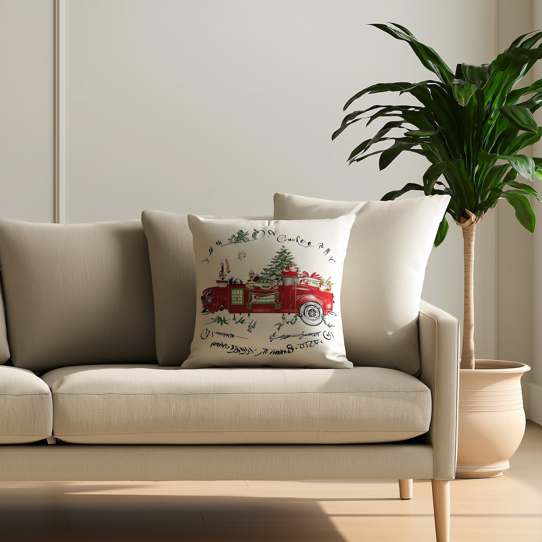 Capa de almofada de Natal com estampa de caminhão vermelho no sofá da sala — foto de ambiente 1