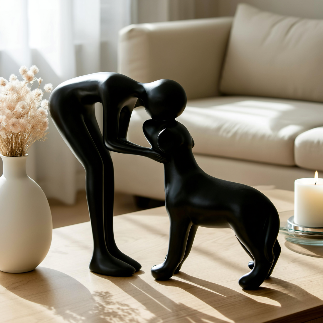 Escultura abstrata de homem e cachorro em resina preta sobre aparador de madeira clara — foto de ambiente 1