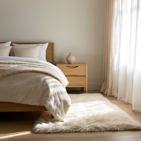 Tapete peludo branco ao lado da cama em quarto com roupa de cama de linho — foto de ambiente 1