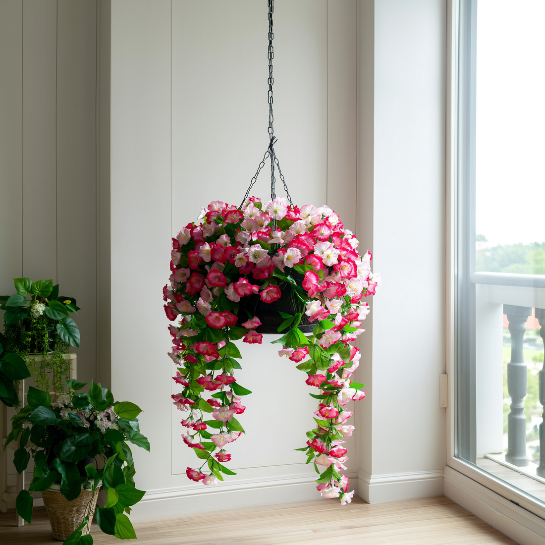 Cesta suspensa de flores artificiais rosa pendurada junto à varanda — foto de ambiente 1