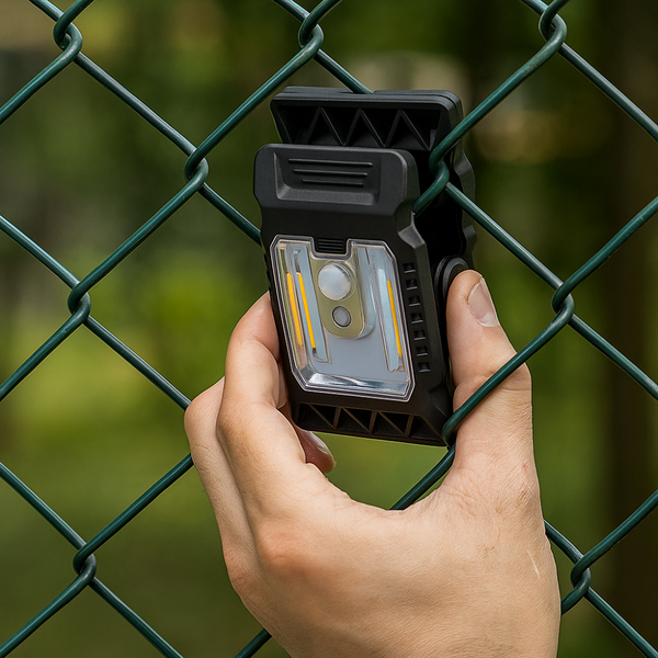 Luminária solar com sensor de presença presa por clipe em uma cerca do jardim