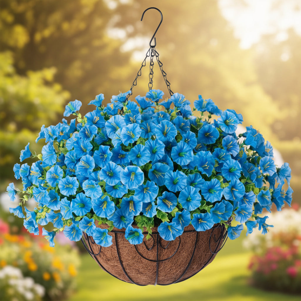 Cesta suspensa de planta artificial com flores de tecido, foto 7 da galeria