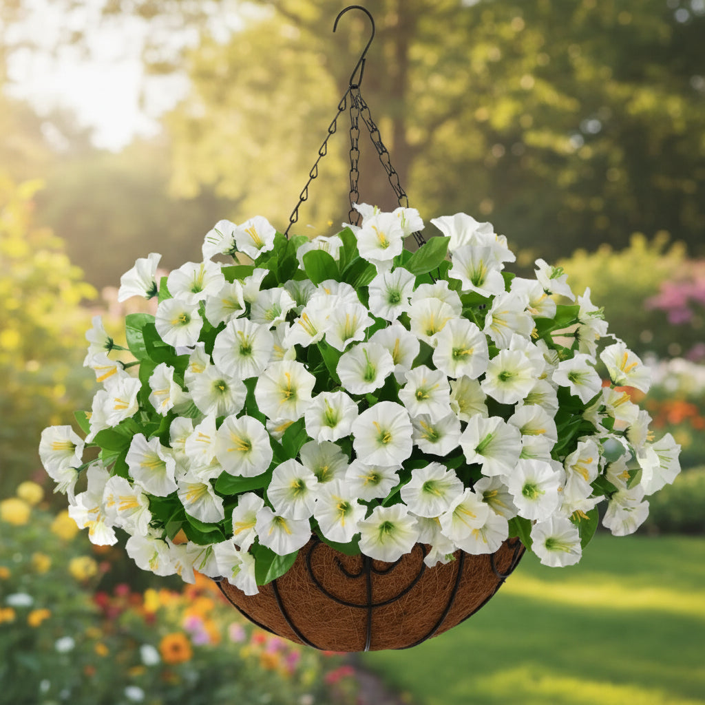 Cesta suspensa de planta artificial com flores de tecido, foto 6 da galeria